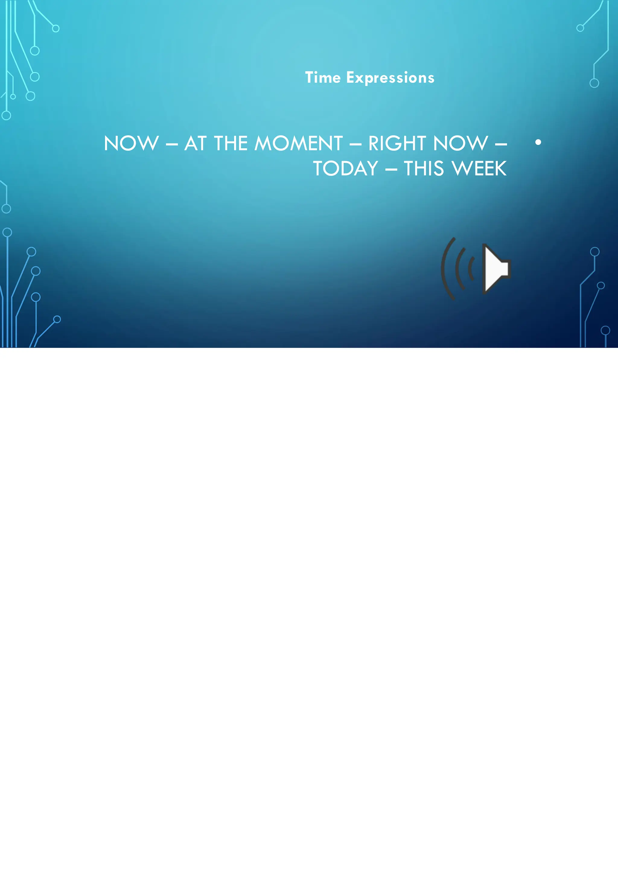 •
NOW – AT THE MOMENT – RIGHT NOW –
TODAY – THIS WEEK
Time Expressions
 