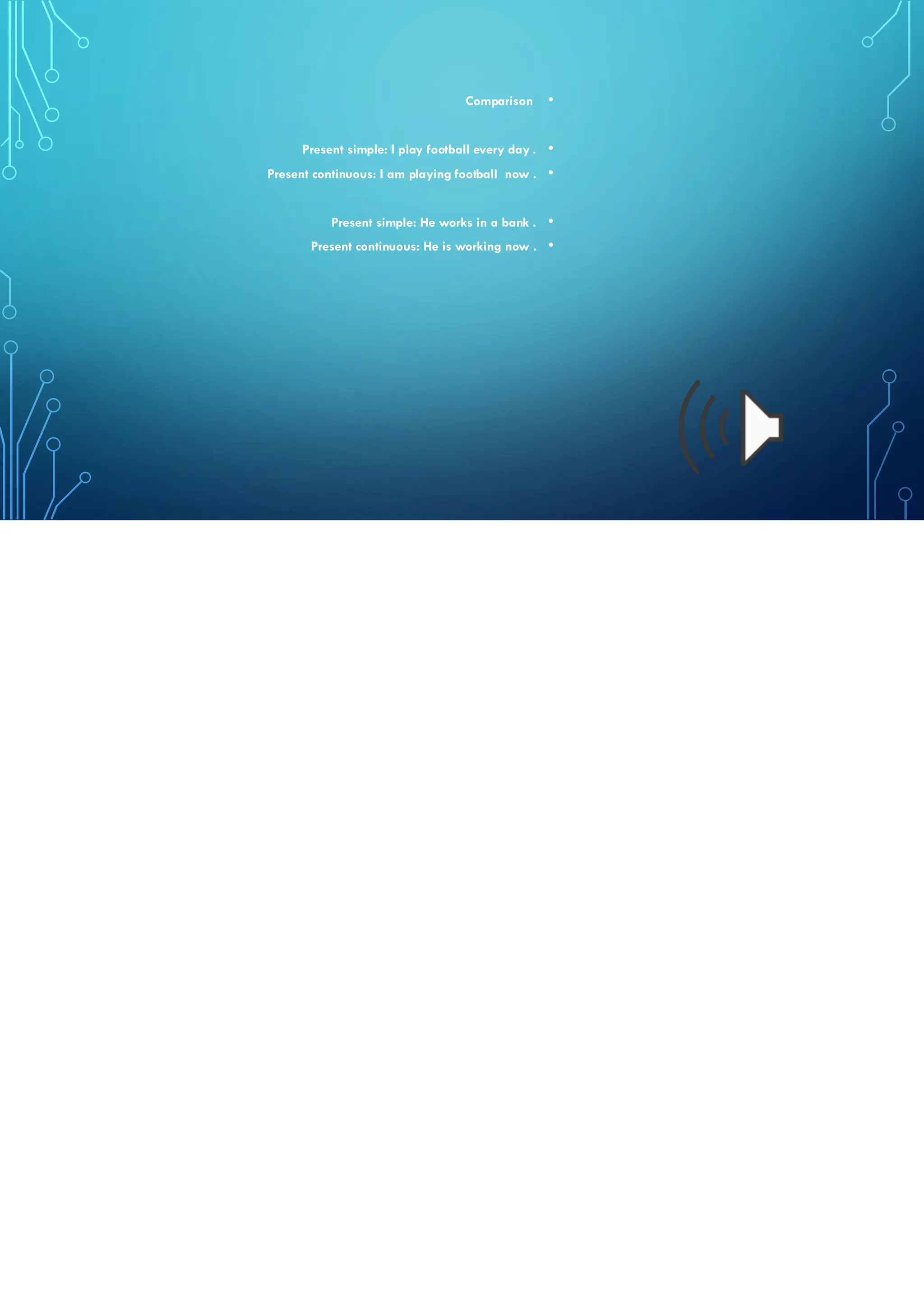 •
Comparison
•
Present simple: I play football every day .
•
Present continuous: I am playing football now .
•
Present simple: He works in a bank .
•
Present continuous: He is working now .
 
