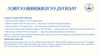 САНХҮҮ БАЙДЛЫН ТАЙЛАН:
• Нийт эргэлтийн хөрөнгө 17.85%-иар буурсан.
• Мөнгөн хөрөнгө 393.14%-иар өссөн — маш эерэг, төлбөрийн чадвар сайжирсан.
• Бараа материал 7.29%-иар өссөн — үйл ажиллагаа идэвхжсэн байх боломжтой.
• Борлуулсан орлоготой холбоогүй хөрөнгө 100% буурсан — зарлагадсан эсвэл тайлангаас хасагдсан бололтой.
• Урьдчилгаа төлбөр 54.28%-иар буурсан — зардлын удирдлага сайжирсан байж болно.
Дүгнэлт: Эргэлтийн хөрөнгийн бүтэц өөрчлөгдөж, илүү бэлэн мөнгө төвлөрсөн нь санхүүгийн уян хатан байдал
нэмэгдсэн болохыг харуулж байна.
ОРЛОГЫН ТАЙЛАН:
Борлуулалтын орлого нь 2022 онд 47 тэрбум төгрөг байсан бол 2023 онд 64.9 тэрбум төгрөг болж, 17.8 тэрбум
төгрөгөөр буюу 37.98%-иар өссөн байна. Энэ нь бүтээгдэхүүн, үйлчилгээний эрэлт нэмэгдсэн, шинэ харилцагч,
зах зээлд нэвтэрсэн эсвэл үнэ нэмэгдсэн байж болохыг харуулж байна
ХЭВТЭЭ ШИНЖИЛГЭЭ ДҮГНЭЛТ
 