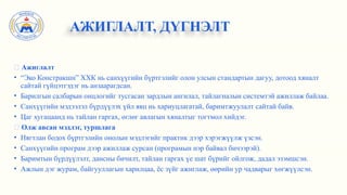 ✅ Ажиглалт
• “Эко Констракшн” ХХК нь санхүүгийн бүртгэлийг олон улсын стандартын дагуу, дотоод хяналт
сайтай гүйцэтгэдэг нь анзаарагдсан.
• Барилгын салбарын онцлогийг тусгасан зардлын ангилал, тайлагналын системтэй ажиллаж байлаа.
• Санхүүгийн мэдээлэл бүрдүүлэх үйл явц нь хариуцлагатай, баримтжуулалт сайтай байв.
• Цаг хугацаанд нь тайлан гаргах, өглөг авлагын хяналтыг тогтмол хийдэг.
✅ Олж авсан мэдлэг, туршлага
• Нягтлан бодох бүртгэлийн онолын мэдлэгийг практик дээр хэрэгжүүлж үзсэн.
• Санхүүгийн програм дээр ажиллаж сурсан (програмын нэр байвал бичээрэй).
• Баримтын бүрдүүлэлт, дансны бичилт, тайлан гаргах үе шат бүрийг ойлгож, дадал эзэмшсэн.
• Ажлын дэг журам, байгууллагын харилцаа, ёс зүйг ажиглаж, өөрийн ур чадварыг хөгжүүлсэн.
АЖИГЛАЛТ, ДҮГНЭЛТ
 