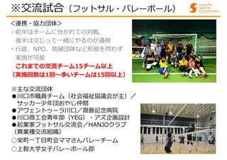 ※主な交流団体
●川口市職員チーム（社会福祉協議会が主）／
サッカー少年団おやじ仲間
●アヴェントゥーラ川口／齋藤記念病院
●川口商工会青年部（YEG）・アズ企画設計
●起業家フットサル交流会／HANJOクラブ
（異業種交流組織）
○栄町一丁目町会ママさんバレーチーム
○上智大学女子バレーボール部
※交流試合（フットサル・バレーボール）
＜連携・協力団体＞
・前半はチームに分かれての対戦、
後半は交じって一緒にやるのが通例
・行政、NPO、地縁団体など形態を問わず
実施が可能
これまでの交流チーム15チーム以上
（実施回数は1回～多いチームは15回以上）
 