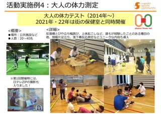 大人の体力テスト（2014年～）
2021年・22年は街の保健室と同時開催
<詳細>
反復横とびや立ち幅跳び、上体起こしなど、誰もが経験したことのある種目の
他、閉眼片足立ち、落下棒反応測定などユニークな内容も導入
<概要>
●場所:公共施設など
●人数:20～40名
※第1回開催時には、
日テレZIPの撮影も
入りました!
活動実施例4:大人の体力測定
 