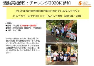 さいたま市の別所沼公園で毎日行われているフルマラソン
（1人でもチームでも可）にチームとして参加（2015年～20年）
チームで参加するため、最低1周（＝
1km未満）から参加可でハードルが低
く、かつフットサル・バレーボール・
バドミントンなど普段メインで参加す
る種目がバラバラでも一同に集い、横
のつながりづくりにも有効と考えてい
ます!
<概要>
●日時:不定期（2015年～計8回）
●場所:別所沼公園（最寄り:中浦和駅）
●人数:6～25名
活動実施例5:チャレンジ2020に参加
 