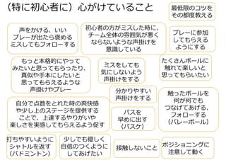 （特に初心者に）心がけていること
接触しないこと
触ったボールを
何が何でも
つなげてあげる、
フォローする
（バレーボール）
少しでも優しく
自信のつくように
してあげたい
最低限のコツを
その都度教える
打ちやすいように
シャトルを返す
（バドミントン）
初心者の方がミスした時に、
チーム全体の雰囲気が悪く
ならないような声掛けを
意識している
プレーに参加
してもらえる
ようにする
ポジショニングに
注意して動く
分かりやすい
声掛けをする
パスを
早めに出す
（バスケ）
声をかける、いい
プレーが出たら褒める
ミスしてもフォローする
もっと本格的にやって
みたいと思ってもらったり、
真似や手本にしたいと
思ってもらえるような
声掛けやプレー
自分で点数をとれた時の爽快感
や少し上のステージを提供する
ことで、上達するやりがいや
楽しさを実感してもらえるよう促す
たくさんボールに
触れて楽しいと
思ってもらいたい
ミスをしても
気にしないよう
声掛けをする
 