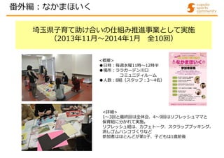 埼玉県子育て助け合いの仕組み推進事業として実施
（2013年11月～2014年1月 全10回）
<詳細>
1～3回と最終回は全体会、4～9回はリフレッシュママと
保育組に分かれて実施。
リフレッシュ組は、カフェトーク、スクラップブッキング、
消しゴムハンコづくりなど
参加者はほとんどが第1子、子どもは1歳前後
<概要>
●日時:毎週水曜11時～12時半
●場所:ララガーデン川口
コミュニティルーム
●人数:8組（スタッフ:3～4名）
番外編:なかまほいく
 