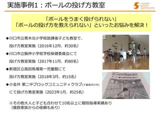「ボールをうまく投げられない」
「ボールの投げ方を教えられない」といったお悩みを解決!
◆川口市立青木北小学校放課後子ども教室で、
投げ方教室実施（2016年12月、約30名）
◆川口市立飯仲小学校学校保健委員会にて
投げ方教室実施（2017年11月、約80名）
◆新宿区立高田馬場第一児童館にて
投げ方教室実施（2018年3月、約15名）
◆小金井 第二中ブロックコミュニティクラブ(千葉県市川市)
にて投げ方教室実施（2023年1月、約25名）
※その他大人と子ども合わせて10名以上に個別指導実績あり
（複数家族からの依頼もあり）
実施事例1:ボールの投げ方教室
 
