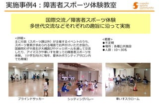 国際交流／障害者スポーツ体験
多世代交流などそれぞれの趣旨に沿って実施
<詳細>
主に行政（スポーツ課以外）が主催するイベントのうち、
スポーツ要素が求められる場面でお声がけいただき協力。
国籍問わず中高生が大縄跳びやドッジボールを通して交流
したり、アイマスクや車いすを使っての障害者スポーツを
体験。（小学生向けに毎年、夏休みボランティアサロン内
でも開催）
<概要>
●不定期
●場所:各種公共施設
●人数:10～30名
シッティングバレー
ブラインドサッカー 車いすスラローム
実施事例4:障害者スポーツ体験教室
 