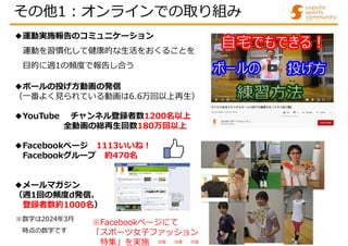 ◆運動実施報告のコミュニケーション
運動を習慣化して健康的な生活をおくることを
目的に週1の頻度で報告し合う
◆ボールの投げ方動画の発信
（一番よく見られている動画は6.6万回以上再生）
◆YouTube チャンネル登録者数1200名以上
全動画の総再生回数180万回以上
◆Facebookページ 1113いいね!
Facebookグループ 約470名
◆メールマガジン
（週1回の頻度d発信、
登録者数約1000名）
※Facebookページにて
「スポーツ女子ファッション
特集」を実施 ⇒ ⇒ ⇒
その他1:オンラインでの取り組み
※数字は2024年3月
時点の数字です
 
