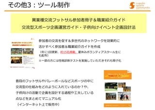 異業種交流フットサル参加者冊子＆職業紹介ガイド
交流型スポーツ企画運営ガイド・子供向けイベント企画設計法
普段のフットサルやバレーボールなどスポーツの中に
交流型の仕組みをどのように入れているのか?や、
子供向けの活動で企画を設計する過程や工夫している
点などをまとめてマニュアル化
（インターネット上で販売中）
参加者の交流を促す＆多世代のネットワークを効果的に
活かすべく参加者＆職業紹介ガイドを作成
（年に1回更新、約15名掲載、夏休みボランティアスクール生に
も配布）
※一部の方には性格診断テストを実施していただきそれも冊子化
その他3:ツール制作
 