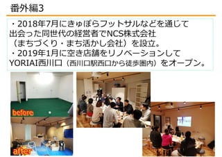 ・2018年7月にきゅぽらフットサルなどを通じて
出会った同世代の経営者でNCS株式会社
（まちづくり・まち活かし会社）を設立。
・2019年1月に空き店舗をリノベーションして
YORIAI西川口（西川口駅西口から徒歩圏内）をオープン。
番外編3
 