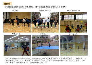 番外編
カポエイラ ディスコン セパタクロ
カバディ フットゴルフ 車いす風船バレー
コーフボール・ネットボール・キンボール・ウォーキングタグラグビー・スコアーズ・チュックボール・ベ
ビーバスケ・クリケット・モルック・スポールブール・フレスコボール・ダーカウ・ブラインドサッカー・
シッティングバレー・ペタンク・Baseball5・ピックル
自ら20以上の様々なスポーツを体験し、様々な企画を考える上でのヒントを得た
 