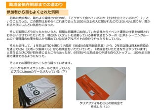 助成金依存脱却までの道のり
参加者から最もよくされた質問
初期の参加者に、最もよく質問されたのが、「どうやって食べているのか（生計を立てているのか）?」と
いうことだった。この質問はおそらくこれまで会った1000人以上の人に聞かれたのではないかと思うが、聞か
れるたびにしんどい気持ちになった。
そして実際にどうだったかというと、初期は前職時に出向していた会社からイベント運営の仕事を依頼され
お手伝いさせていただいたり、現在はバスケットも活動している体育武道センターの（公共トレーニングルー
ムの）管理員の仕事を知人から薦めていただきアルバイトの身分でやったりもしていた。
それと並行して、１年目はETICを通じて内閣府（地域社会雇用創造事業）から、2年目以降は日本体育協会
を通じてtoto（スポーツ振興くじ）から助成金をいただいていた。「助成金をいただきながらやっています」
と答えるたびに引け目を感じるところもあったが、6年目からは助成金の申請も自らストップし、100%自主財
源で運営できるようになった。
そこまでの過程を次ページから綴っていきます。
フットサルやバスケットボールで使用している
ビブスにはtotoのマークが入っている（下）
クリアファイルもtotoの助成金で
作成した（上）
 