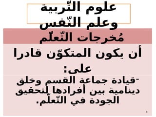 ‫الت‬ ‫خرجات‬ُ‫م‬
ّ
‫عل‬
ّ
‫م‬
‫ن‬ّ‫المتكو‬ ‫يكون‬ ‫أن‬
‫قادر‬
‫ا‬
:‫على‬
-
‫وخلق‬ ‫القسم‬ ‫جماعة‬ ‫قيادة‬
‫لتحقيق‬ ‫أفرادها‬ ‫بين‬ ‫دينامية‬
.‫م‬ّ‫عل‬ّ‫ت‬‫ال‬ ‫في‬ ‫الجودة‬
‫ربية‬ّ‫ت‬‫ال‬ ‫علوم‬
‫فس‬ّ‫ن‬‫ال‬ ‫وعلم‬
6
 