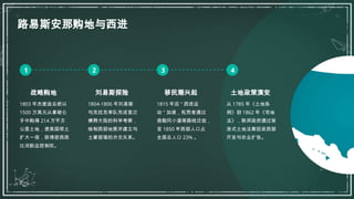 路易斯安那购地与西进
1 2 3 4
战略购地
1803 年杰斐逊总统以
1500 万美元从拿破仑
手中购得 214 万平方
公里土地，使美国领土
扩大一倍，获得密西西
比河航运控制权。
1804-1806 年刘易斯
与克拉克率队完成首次
横跨大陆的科学考察，
绘制西部地图并建立与
土著部落的外交关系。
刘易斯探险 移民潮兴起
1815 年后 " 西进运
动 " 加速，拓荒者通过
俄勒冈小道等路线迁徙，
至 1850 年西部人口占
全国总人口 23% 。
土地政策演变
从 1785 年《土地条
例》到 1862 年《宅地
法》，联邦政府通过渐
进式土地法案促进西部
开发与农业扩张。
 