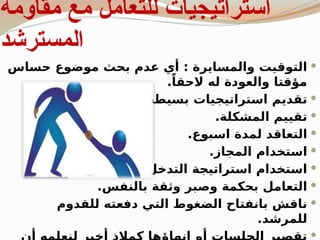 ‫ا‬
‫مقاومة‬ ‫مع‬ ‫للتعامل‬ ‫ستراتيجيات‬
‫المسترشد‬

‫حساس‬ ‫موضوع‬ ‫بحث‬ ‫عدم‬ ‫أي‬ : ‫والمسايرة‬ ‫التوقيت‬
.ً‫الحقا‬ ‫له‬ ‫والعودة‬ ‫مؤقتا‬

.‫بسيطة‬ ‫استراتيجيات‬ ‫تقديم‬

‫المشكلة‬ ‫تقييم‬
.

.‫اسبوع‬ ‫لمدة‬ ‫التعاقد‬

.‫المجاز‬ ‫استخدام‬

‫المتناقض‬ ‫التدخل‬ ‫استراتيجة‬ ‫استخدام‬
.

.‫بالنفس‬ ‫وثقة‬ ‫وصبر‬ ‫بحكمة‬ ‫التعامل‬

‫للقدوم‬ ‫دفعته‬ ‫التي‬ ‫الضغوط‬ ‫بانفتاح‬ ‫ناقش‬
.‫للمرشد‬

 