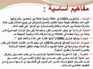 ‫أساسية‬ ‫مفاهيم‬
:

‫اإلرشاد‬
،‫عرفه(رين‬ :
1951
‫فيها‬ ‫تتنوع‬، ‫شخصين‬ ‫بين‬ ‫هادفة‬ ‫دينامية‬ ‫عالقة‬ ‫هو‬ )
‫هناك‬ ‫يكون‬ ‫الحاالت‬ ‫جميع‬ ‫فى‬ ‫ولكن‬،)‫(المسترشد‬ ‫الطالب‬ ‫حاجة‬ ‫طبيعة‬ ‫باختالف‬ ‫اإلجراءات‬
.‫لذاته‬ ‫فهمه‬ ‫على‬ ‫التركيز‬ ‫مع‬ ،)‫والطالب(المسترشد‬ ‫المرشد‬ ‫بين‬ ‫متبادلة‬ ‫مشاركة‬

‫اإلرشادية‬ ‫العملية‬
‫الذي‬،)‫الجماعي‬ ‫اإلرشاد‬ ‫حال‬ ‫(فى‬ ‫والجماعة‬ ‫للفرد‬ ‫االستبصار‬ ‫توفير‬ ‫هو‬
.‫به‬ ‫المحيطة‬ ‫وبالبيئة‬ ‫بذاته‬ ‫معرفته‬ ‫وزيادة‬ ‫انفعاالته‬ ‫فى‬ ‫تحكمه‬ ‫زيادة‬ ‫من‬ ‫يمكنه‬

‫المهارة‬
( ‫كوتريل‬ ‫يعرفها‬ :
1999
." ‫الجيد‬ ‫والتعلم‬ ‫االداء‬ ‫على‬ ‫القدرة‬ ‫"بانها‬ )

‫االرشادية‬ ‫المهارات‬
,‫(شاهين‬ ‫فيعرفها‬
2014
‫يقوم‬ ‫التي‬ ‫العملية‬ ‫الفنيات‬ ‫من‬ ‫مجموعة‬ ‫هي‬ :)
‫االرشادية‬ ‫العملية‬ ‫تحقيق‬ ‫بهدف‬ ‫واالرشاد‬ ‫التوجيه‬ ‫عملية‬ ‫في‬ ‫ويمارسها‬ ‫المرشد‬ ‫بها‬
.‫السليمة‬ ‫والطرق‬ ‫المناسبة‬ ‫بالصورة‬

‫المقاومة‬
‫وتعرقل‬ .‫العمـــــيل‬ ‫جانب‬ ‫من‬ ‫اإلرشاديــــــة‬ ‫للعملية‬ ‫مضادة‬ ‫شعورية‬ ‫ال‬ ‫قوة‬ :
‫العمـــــــيل‬ ‫لدى‬ ‫النفســـــــي‬ ‫الدفاع‬ ‫حيل‬ ‫إحــــــدى‬ ‫تعتبر‬ ‫وهـــي‬ .‫اإلرشاد‬ ‫عملية‬ ‫سير‬
‫مــن‬ ‫نــــــوع‬ ‫أنــــــها‬ ‫أي‬ ‫كشفـــــها‬ ‫في‬ ‫المرغـــوب‬ ‫غـــــير‬ ‫المكبوتـــــات‬ ‫كشـــــف‬ ‫ضــــد‬
.‫للــــــذات‬ ‫الدفاعــي‬ ‫التغليـف‬
 