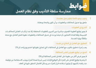 ‫ضوابط‬
‫العمل‬ ‫نظام‬ ‫وفق‬ ‫التأديب‬ ‫سلطة‬ ‫ممارسة‬
1
2
3
4
:‫معتمدة‬ ‫عمل‬ ‫تنظيم‬ ‫�ئحة‬ ‫وجود‬ ‫وجوب‬
.‫ومعلنة‬ ‫واضحة‬ ‫تكون‬ ‫أن‬ ‫و‬ ،‫والعقوبات‬ ‫المخالفات‬ ‫جدول‬ ‫بها‬ ‫ملحق‬
:‫العقوبات‬ � ‫التدرج‬
‫المخالفــات‬ ‫العامل‬ ‫ارتكــاب‬ ‫عند‬ �‫إ‬ ،‫المخففة‬ ‫بالعقوبات‬ ‫المرور‬ ‫دون‬ ‫مباشرة‬ ‫القصوى‬ ‫العقوبة‬ ‫توقيع‬ ‫يجوز‬ �
‫منحه‬ ‫مع‬ ‫العامل‬ ‫فصل‬ ‫عقوبة‬ ‫والعقوبات‬ ‫المخالفات‬ ‫جدول‬ � ‫وردت‬ ‫حيثما‬ ‫أو‬ ،‫الثمانون‬ ‫للمادة‬ ‫وفقا‬ ‫الجسيمة‬
.‫الخدمة‬ ‫نهاية‬ ‫مكافأة‬
:‫نفسه‬ ‫عن‬ ‫الدفاع‬ � ‫العامل‬ ‫حق‬ ‫التحقيق‬
(71.‫)م‬ ‫واحد‬ ‫يوم‬ ‫خصم‬ ‫عقوباتها‬ ‫تتجاوز‬ �‫ال‬ ‫المخالفات‬ � ‫العامل‬ ‫مع‬ ‫مكتوب‬ ‫تحقيق‬ ‫إجراء‬ ‫يجب‬
:‫المخالفة‬ ‫لنفس‬ ‫عقوبتين‬ ‫توقيع‬ ‫من‬ ‫المنع‬
(70.‫)م‬ ‫المخالفة‬ ‫لنفس‬ ‫العامل‬ ‫على‬ ‫عقوبة‬ ‫من‬ ‫أكثر‬ ‫فرض‬ ‫يجوز‬ �
‫توقيعه‬ ‫عن‬ ‫ا�ستعاضة‬ ‫ويجب‬،‫الجزاء‬ ‫لصحة‬ ‫شرط‬ ‫ليس‬ ‫ل�ثبات‬ ‫التوقيع‬ ‫�ن‬ ‫الجزاء‬ ‫على‬ ‫العامل‬ ‫توقيع‬ ‫يشترط‬ �
.‫العقد‬ � ‫عليها‬ ‫المتفق‬ ‫ا�تصال‬ ‫وسائل‬ ‫عبر‬ ‫الجزاء‬ ‫قرار‬ ‫است�مه‬ ‫توثيق‬ ‫أو‬ ‫بالشهود‬ ‫رفضه‬ ‫عند‬
 