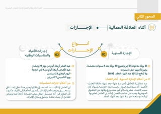 ‫رمضان‬ 29 ‫يوم‬ ‫من‬ ‫أيام‬ ‫أربعة‬ ‫الفطر‬ ‫عيد‬
‫الحجة‬ ‫ذي‬ 9 ‫من‬ ‫أيام‬ ‫أربعة‬ ‫ا�ضحى‬ ‫عيد‬
‫سبتمبر‬ 23 �‫الوط‬ ‫اليوم‬
.‫فبراير‬ 22 ‫التأسيس‬ ‫يوم‬
:‫المناسبات‬ ‫اجازات‬ ‫أحكام‬ ‫من‬
�‫إضــــا‬ ‫عمل‬ ‫هذا‬ ‫يعتبر‬ ‫خ�لها‬ ‫عمــل‬ ‫أنه‬ ‫أثبــــت‬ ‫إذا‬ ‫العامل‬ ‫أن‬
‫مكتوب‬ ‫تكليف‬ ‫إلى‬ ‫الحاجة‬ ‫بدون‬ً‫ا‬‫إضافيـــ‬ ‫أجرا‬ ‫بموجبه‬ ‫يستحــــق‬
‫ويمكن‬ ‫منه‬ (107) ‫المــادة‬ ‫بنص‬ �‫إضا‬ ‫عمــــل‬ ‫أنه‬ ‫قرر‬ ‫النظام‬ ‫�ن‬
.‫ا�ثبات‬ ‫وسائل‬ ‫بجميع‬ ‫عملـه‬ ‫يثبت‬ ‫أن‬ ‫للعامل‬
‫أنــــــواع‬
‫ا�جـــــــازات‬
.‫متصلــة‬ ‫سنوات‬ 5 ‫بعد‬ ‫ا‬ ً‫يوم‬ 30 ‫وتصبح‬،‫ا�جر‬ ‫مدفوعة‬ ‫ا‬ ً‫يوم‬ 21
‫سنوات‬ 3 �‫ح‬ ‫تأجيلها‬ ‫يجوز‬
(109) .‫العقد‬ ‫انتهاء‬ ‫عند‬ �‫إ‬ ‫ا‬ ً‫نقد‬ ‫دفع‬ُ‫ت‬ �‫و‬
:‫القضاء‬ ‫أمام‬ ‫السنوية‬ ‫ا�جازة‬ ‫أحكام‬ ‫من‬
-‫العمل‬ ‫ع�قة‬ ‫إنتهاء‬ ‫–بعد‬ ‫عنها‬ �‫بد‬ ‫بأجر‬ ‫العامل‬ ‫مطالبــة‬ ‫عند‬
‫كان‬ ‫وسواء‬،‫خدمتـه‬ ‫مدة‬ ‫بحسب‬ ‫البـدل‬ ‫يستحــق‬ ‫أنه‬ ‫ا�صــل‬
‫الحقـوق‬ ‫من‬ ‫و�نها‬،‫مشــروع‬ ‫غير‬ ‫أو‬ ‫مشروعــا‬ ‫ا�نهــاء‬ ‫سبب‬
‫بها‬ ‫تمتع‬ ‫العامل‬ ‫أن‬ ‫إثبات‬ ‫العمل‬ ‫صاحب‬ ‫على‬ ‫يجب‬ ‫الجوهرية‬
.‫العقد‬ ‫انتهاء‬ ‫بعد‬ ‫عنها‬ �‫بد‬ ‫أجر‬ ‫منحه‬ ‫تم‬ ‫أنه‬ ‫أو‬
‫السنوية‬ ‫ا�جازة‬
‫ا�عياد‬ ‫إجازات‬
‫الوطنيه‬ ‫والمناسبات‬ 01
02
«
«
‫العمالية‬ ‫الع�قة‬ ‫أثناء‬
‫البشرية‬ ‫الموارد‬ ‫�دارة‬ ‫العمل‬ ‫نظام‬ ‫أحكام‬ ‫أهم‬
�‫الثا‬ ‫المحور‬
‫ا�جـــــازات‬
 