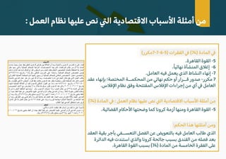 (‫مكرر‬7-7-6-5) ‫الفقرات‬ � (74) ‫المادة‬ �
.‫القاهرة‬ ‫القوة‬ -5
.ً‫ا‬‫نهائي‬ ‫المنشأة‬ ‫إغ�ق‬ -6
.‫العامل‬ ‫فيه‬ ‫يعمل‬ ‫الذي‬ ‫النشاط‬ ‫إنهاء‬ -7
‫عقد‬ ‫بإنهاء‬ ‫المختصة؛‬ ‫المحكمــة‬ ‫من‬ �‫نها‬ ‫حكم‬ ‫أو‬ ‫قــرار‬ ‫صدور‬ -‫مكرر‬ 7
.‫ا�ف�س‬ ‫نظام‬ ‫وفق‬ ‫المفتتحة‬ ‫ا�ف�س‬ ‫إجراءات‬ ‫من‬ ‫أي‬ � ‫العامل‬
(74) ‫المادة‬ � : ‫العمل‬ ‫نظام‬ ‫عليها‬ ‫نص‬ �‫ال‬ ‫ا�قتصادية‬ ‫ا�سباب‬ ‫أمثلة‬ ‫من‬
.‫القضائية‬ ‫ا�حكام‬ ‫وضحتها‬ ‫كما‬ ‫كرونا‬ ‫أزمة‬ ‫ومنها‬ ‫القاهرة‬ ‫القوة‬ -5
:‫الحكم‬ ‫هذا‬ ‫أمثلتها‬ ‫ومن‬
‫العقد‬ ‫بقية‬ ‫بأجر‬ ‫التعســفي‬ ‫الفصل‬ ‫عن‬ ‫بالتعويض‬ ‫فيه‬ ‫العامل‬ ‫طالب‬ ‫الذي‬
‫الدائرة‬ ‫فيه‬ ‫استندت‬ ‫والذي‬ ‫كرونا‬ ‫جائحة‬ ‫بسبب‬ ‫الفندق‬ ‫من‬ ‫فصله‬ ‫بعد‬
.‫القاهرة‬ ‫القوة‬ ‫بسبب‬ (74) ‫المادة‬ ‫من‬ ‫الخامسة‬ ‫الفقرة‬ ‫على‬
: ‫العمل‬ ‫نظام‬ ‫عليها‬ ‫نص‬ �‫ال‬ ‫ا�قتصادية‬ ‫ا�سباب‬ ‫أمثلة‬ ‫من‬
 