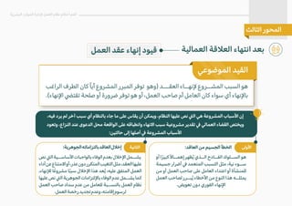 ،‫فيه‬ ‫يرد‬ ‫لم‬ ‫آخر‬ ‫سبب‬ ‫أي‬ ‫بالنظام‬ ‫جاء‬ ‫ما‬ ‫على‬ ‫يقاس‬ ‫أن‬ ‫ويمكن‬ ،‫النظام‬ ‫عليها‬ ‫نص‬ �‫ال‬ ‫هي‬ ‫المشروعة‬ ‫ا�سباب‬ ‫إن‬
‫وتعود‬ ،‫النزاع‬ ‫عند‬ ‫الدعوى‬ ‫محل‬ ‫الواقعة‬ ‫على‬ ‫وانطباقه‬ ‫ا�نهاء‬ ‫سبب‬ ‫مشروعية‬ ‫تقدير‬ � ‫العمالي‬ ‫القضاء‬ ‫ويختص‬
:‫حالتين‬ ‫إلى‬ ‫أصلها‬ � ‫المشروعة‬ ‫ا�سباب‬
‫أو‬ ‫ا‬ً‫ر‬‫كبي‬ً�‫إهمــا‬ ‫ظهر‬ُ‫ي‬ ‫الــذي‬ ‫الفــادح‬ ‫الســلوك‬ ‫هو‬
‫جسيمة‬ ‫أضرار‬ � ‫المتعمد‬ ‫التسبب‬ ‫مثل‬ ،‫نية‬ ‫ســوء‬
‫من‬ ‫أو‬ ‫العمل‬ ‫صاحب‬ ‫على‬ ‫العامل‬ ‫اعتداء‬ ‫أو‬ ‫للمنشأة‬
‫العمل‬ ‫لصاحب‬ ‫بــرر‬ُ‫ي‬ ‫ا�خطاء‬ ‫من‬ ‫النوع‬ ‫هذا‬ ‫يمثلــه‬
.‫تعويض‬ ‫دون‬ ‫الفوري‬ ‫ا�نهاء‬
‫ا�ولى‬
‫نص‬�‫ال‬‫ا�ساســية‬‫بالواجبات‬‫الوفاء‬‫بعدم‬‫ا�خ�ل‬‫يشــمل‬
‫أداء‬‫عن‬‫ا�متناع‬‫أو‬،‫عذر‬‫دون‬‫المتكرر‬‫التغيب‬‫مثل‬،‫العقد‬‫عليها‬
،‫ل�نهاء‬ ‫ا‬ً‫مشروع‬ ‫ا‬ً‫ب‬‫سب‬ ‫ا�خ�ل‬ ‫هذا‬ ‫عد‬ُ‫ي‬ ،‫عليه‬ ‫المتفق‬ ‫العمل‬
‫عليها‬‫نص‬�‫ال‬‫الجوهرية‬‫با�لتزامات‬‫الوفاء‬‫عدم‬‫يشــمل‬‫كما‬
‫العمل‬ ‫صاحب‬ ‫سداد‬ ‫عدم‬ ‫من‬ ‫للعامل‬ ‫بالنســبة‬ ‫العمل‬ ‫نظام‬
.‫العمل‬‫رخصة‬‫تجديد‬‫وعدم‬،‫إقامته‬‫لرسوم‬
‫الثانية‬
‫العمالية‬ ‫الع�قة‬ ‫انتهاء‬ ‫بعد‬
‫البشرية‬ ‫الموارد‬ ‫�دارة‬ ‫العمل‬ ‫نظام‬ ‫أحكام‬ ‫أهم‬
‫الثالث‬ ‫المحور‬
‫الموضوعي‬ ‫القيد‬
‫الراغب‬ ‫الطرف‬ ‫كان‬ ً‫ا‬‫أي‬ ‫المشروع‬ ‫المبرر‬ ‫توفر‬ ‫)وهو‬ ‫العقـــد‬ ‫�نهــاء‬ ‫المشــروع‬ ‫السبب‬ ‫هو‬
.(‫ا�نهاء‬ �‫تقت‬ ‫صلحة‬ ‫أو‬ ‫ضرورة‬ ‫توفر‬ ‫هو‬ ‫أو‬ ،‫العمل‬ ‫صاحب‬ ‫أم‬ ‫العامل‬ ‫كان‬ ‫سواء‬ ‫أي‬ ‫با�نهاء‬
‫العمل‬ ‫عقد‬ ‫إنهاء‬ ‫قيود‬
:‫الجوهرية‬‫بالتزاماته‬‫العاقد‬‫إخ�ل‬ :‫العاقد‬ ‫من‬ ‫الجسيم‬ ‫الخطأ‬
 