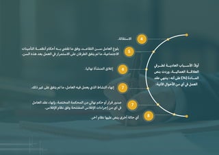 �‫لطــر‬ ‫العاديــة‬ ‫ا�ســباب‬ :ً�‫أو‬
‫بنص‬ ‫وردت‬ ،‫العماليــة‬ ‫الع�قــة‬
‫عقد‬ ‫ينتهي‬ : ‫أنه‬ ‫على‬ (74) ‫المــادة‬
:‫ا�تية‬ ‫ا�حوال‬ ‫من‬ ‫أي‬ � ‫العمل‬
4
8
7
5
6
7
.‫ا�ستقالة‬
‫التأمينات‬ ‫أنظمــة‬ ‫أحكام‬ ‫بــه‬ �‫تق‬ ‫ما‬ ‫وفق‬ ،‫التقاعــد‬ ‫ســن‬ ‫العامل‬ ‫بلوغ‬
.‫السن‬ ‫هذه‬ ‫بعد‬ ‫العمل‬ � ‫ا�ستمرار‬ ‫على‬ ‫الطرفان‬ ‫يتفق‬ ‫لم‬ ‫ما‬ ،‫ا�جتماعية‬
.‫نهائيا‬ ‫المنشأة‬ ‫إغ�ق‬
.‫ذلك‬ ‫غير‬ ‫على‬ ‫يتفق‬ ‫لم‬ ‫ما‬ ،‫العامل‬ ‫فيه‬ ‫يعمل‬ ‫الذي‬ ‫النشاط‬ ‫إنهاء‬
‫العامل‬ ‫عقد‬ ‫بإنهاء‬ ،‫المختصة‬ ‫المحكمة‬ ‫من‬ �‫نها‬ ‫حكم‬ ‫أو‬ ‫قرار‬ ‫صدور‬
.‫ا�ف�س‬ ‫نظام‬ ‫وفق‬ ‫المفتتحة‬ ‫ا�ف�س‬ ‫إجراءات‬ ‫من‬ ‫أي‬ �
.‫آخر‬ ‫نظام‬ ‫عليها‬ ‫ينص‬ ‫أخرى‬ ‫حالة‬ ‫أي‬
 