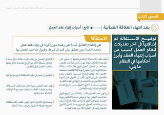 ‫البشرية‬ ‫الموارد‬ ‫�دارة‬ ‫العمل‬ ‫نظام‬ ‫أحكام‬ ‫أهم‬
‫الثالث‬ ‫المحور‬
‫العمل‬ ‫عقد‬ ‫إنهاء‬ ‫أسباب‬ : ‫تابع‬ ‫العمالية‬ ‫الع�قة‬ ‫انتهاء‬ ‫بعد‬
‫تم‬ ‫ا�ســتقالة‬ ‫توضيــح‬
‫تعدي�ت‬ ‫آخر‬ � ‫إضافتها‬
‫من‬ ‫كسبب‬ ‫العمل‬ ‫لنظام‬
‫وأبرز‬ ‫العقد‬ ‫إنتهاء‬ ‫أسباب‬
‫النظام‬ � ‫أحكامها‬
:‫يلي‬ ‫ما‬
‫على‬ �‫م‬ ‫إذا‬ً�‫مقبو‬ ‫المقدم‬ ‫ا�ستقالة‬ ‫طلب‬ ‫عد‬ُ‫ي‬
.‫العمل‬ ‫صاحب‬ ‫من‬ �‫د‬‫ر‬ ‫دون‬ً‫ا‬‫يوم‬ (‫)ث�ثون‬ ‫تقديمه‬
‫ا�ســتقالة‬ ‫طلب‬ ‫قبول‬ ‫تأجيل‬ ‫العمل‬ ‫ولصاحــب‬
‫مصلحة‬ ‫اقتضت‬ ‫إذا‬ً‫ا‬‫يوم‬ (‫)ستين‬ ‫على‬ ‫تزيد‬ � ‫مدة‬
‫يقدم‬ ‫مكتوب‬ ‫مســبب‬ ‫إيضاح‬ ‫ووفق‬ ،‫ذلك‬ ‫العمل‬
‫انتهاء‬ ‫قبل‬ ‫القبول‬ ‫تأجيــل‬ ‫يكون‬ ‫أن‬ ‫على‬ ،‫للعامل‬
.‫الفقرة‬ ‫هذه‬ � ‫إليها‬ ‫المشــار‬ ً‫ا‬‫يوم‬ ‫الث�ثين‬ ‫مدة‬
‫تقديم‬ ‫تاريخ‬ ‫مــن‬ ‫القبول‬ ‫تأجيل‬ ‫مدة‬ ‫وتحتســب‬
.‫للعامل‬ ‫إليه‬ ‫المشار‬ ‫ا�يضاح‬
‫قبول‬ ‫تاريخ‬ ‫مــن‬ ‫با�ســتقالة‬ ‫العمل‬ ‫عقد‬ ‫ينتهي‬
ً‫ا‬‫يوم‬ ‫الث�ثين‬ ‫مــدة‬ �‫م‬ ‫أو‬ ،‫بها‬ ‫العمل‬ ‫صاحــب‬
‫دون‬ ‫المادة‬ ‫هذه‬ ‫من‬ (1) ‫الفقرة‬ � ‫إليها‬ ‫المشار‬
‫القبول‬‫تأجيل‬‫مدة‬‫مرور‬‫أو‬،‫العمل‬‫صاحب‬‫من‬‫رد‬
.‫المادة‬ ‫هذه‬ ‫من‬ (1) ‫الفقرة‬ � ‫إليها‬ ‫المشار‬
� ‫مدة‬ ‫خ�ل‬ ‫ا�ســتقالة‬ ‫طلب‬ ‫عن‬ ‫العدول‬ ‫للعامل‬
‫يقبلها‬ ‫لم‬ ‫ما‬ ‫تقديمه‬ ‫تاريخ‬ ‫من‬ ‫أيام‬ (‫)سبعة‬ ‫تتجاوز‬
.‫العدول‬ ‫قبل‬ ‫العمل‬ ‫صاحب‬
-3
.‫لها‬ ‫مؤجل‬ ‫تاريخ‬ ‫ا�ستقالة‬ ‫طلب‬ � ‫حدد‬ُ‫ي‬ ‫أن‬ ‫يصح‬ � -4
،‫ا�ستقالة‬ ‫طلب‬ ‫مدة‬ ‫خ�ل‬ً‫ا‬‫ساري‬ ‫العمل‬ ‫عقد‬ ‫عد‬ُ‫ي‬
‫ا�لتزامات‬ ‫جميــع‬ ‫بتنفيذ‬ ‫العقــد‬ ‫طرفــا‬ ‫ويلتزم‬
.‫خ�لها‬ ‫عنه‬ ‫الناشئة‬
‫با�ســتقالة‬ ‫عقده‬ ‫انتهى‬ ‫الذي‬ ‫العامل‬ ‫يســتحق‬
.‫النظام‬ ‫هذا‬ ‫بموجب‬ ‫المقررة‬ ‫حقوقه‬ ‫جميع‬
‫عمل‬ ‫عقد‬ ‫إنهاء‬ � ‫إكراه‬ ‫دون‬ ‫رغبته‬ ‫عن‬ ‫كتابة‬ ‫العامل‬ ‫إفصاح‬ ‫هي‬
.‫بها‬ ‫العمل‬ ‫صاحب‬ ‫وقبول‬ ،‫شرط‬ ‫أو‬ ‫قيد‬ ‫على‬ ‫تعليق‬ ‫دون‬ ‫المدة‬ ‫محدد‬
‫ا�ستقالة‬
-5
-6
-1
-2
 