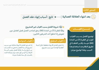 ‫العمل‬ ‫عقد‬ ‫إنهاء‬ ‫أسباب‬ : ‫تابع‬ ‫العمالية‬ ‫الع�قة‬ ‫انتهاء‬ ‫بعد‬
‫البشرية‬ ‫الموارد‬ ‫�دارة‬ ‫العمل‬ ‫نظام‬ ‫أحكام‬ ‫أهم‬
‫الثالث‬ ‫المحور‬
:‫الغياب‬ ‫بســبب‬ ‫الفصل‬ ‫توضيح‬
‫المادة‬ ‫من‬ (7) ‫الفقرة‬ � ‫الوارد‬
� ‫الخطــأ‬ ‫يكثــر‬ ‫حيــث‬ (80)
‫هذا‬‫استخدام‬‫عند‬‫النظام‬‫تطبيق‬
:‫موجز‬ ‫توضيح‬ ‫وهذا‬ ،‫السبب‬
‫الغيـــــاب‬ ‫شـــــرح‬
‫المشروع‬ ‫غير‬ ‫الغياب‬ ‫بسبب‬ ‫الفصل‬ ‫شروط‬ : ً
�‫أو‬
‫دون‬ ‫العامل‬ ‫فصل‬ ‫العمل‬ ‫لصاحب‬ ‫يحق‬ ،(80) ‫المادة‬ ‫من‬ (7) ‫للفقرة‬ ‫ا‬ً‫ق‬‫وف‬
:‫التاليين‬ ‫الشرطين‬ ‫أحد‬ ‫تحقق‬ ‫إذا‬ ‫تعويض‬
‫المتواصل‬ ‫الغياب‬-2 ‫المتقطع‬ ‫الغياب‬-1
‫ســبب‬ ‫دون‬ ‫متتالية‬ ‫ا‬ ً‫يوم‬ 15 ‫العامل‬ ‫تجــاوز‬ ‫إذا‬
‫الحســاب‬ ‫بدء‬ �‫تع‬ ‫العقديــة‬ ‫الســنة‬.‫مشروع‬
‫الســنة‬ ‫وليس‬ ،‫العمل‬ ‫ع�قة‬ ‫بدايــة‬ ‫تاريخ‬ ‫من‬
‫البدء‬ ‫إعادة‬ ‫ويتــم‬ ،‫غياب‬ ‫أول‬ ‫من‬ ‫أو‬ ‫المي�ديــة‬
.‫جديدة‬ ‫عقدية‬ ‫سنة‬ ‫كل‬ ‫بالحساب‬
‫السنة‬ ‫خ�ل‬ ‫متقطعة‬ ‫ا‬ ً‫يوم‬ 30 ‫العامل‬ ‫تجاوز‬ ‫إذا‬
.‫مشروع‬ ‫سبب‬ ‫دون‬ ‫الواحدة‬ ‫العقدية‬
 