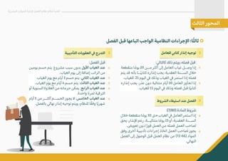 :(7/80) ‫المادة‬ ‫شروط‬
‫خ�ل‬‫متقطعة‬‫ا‬ ً‫يوم‬30�‫ح‬‫الغياب‬�‫العامل‬‫استمر‬‫إذا‬
‫يحق‬ ،‫ا�نذار‬ ‫رغم‬ ،‫متتاليــة‬ ‫ا‬ ً‫يوم‬ 15 ‫أو‬ ،‫العقدية‬ ‫الســنة‬
.‫تعويض‬ ‫دون‬ ‫ا‬ً‫ر‬‫فو‬ ‫العمل‬ ‫من‬ ‫فصله‬ ‫العمل‬ ‫لصاحب‬
‫وفق‬ ‫أخرى‬ ‫تأديبية‬ ‫إجراءات‬ ‫اتخاذ‬ ‫العمل‬ ‫لصاحب‬ ‫يجوز‬
‫الفصل‬ ‫إلى‬ ‫الوصول‬ ‫قبل‬ ‫العمل‬ ‫نظام‬ ‫من‬ (72-66) ‫المواد‬
.�‫النها‬
‫البشرية‬ ‫الموارد‬ ‫�دارة‬ ‫العمل‬ ‫نظام‬ ‫أحكام‬ ‫أهم‬
‫الثالث‬ ‫المحور‬
‫الفصل‬ ‫قبل‬ ‫اتباعها‬ ‫الواجب‬ ‫النظامية‬ ‫ا�جراءات‬ :‫ا‬ً‫ث‬‫ثال‬
:‫الفصل‬ ‫قبل‬
‫يومين‬ ‫حسم‬ ‫يتم‬ :‫مشروع‬ ‫سبب‬ ‫بدون‬ ‫ا�ول‬ ‫الغياب‬ ‫عند‬
.‫الغياب‬ ‫يوم‬ ‫إلى‬ ‫إضافة‬ ‫الراتب‬ ‫من‬
.‫الغياب‬ ‫يوم‬ ‫مع‬ ‫أيام‬ 3 ‫حسم‬ ‫يتم‬ :�‫الثا‬ ‫الغياب‬ ‫عند‬
.‫الغياب‬ ‫يوم‬ ‫مع‬ ‫أيام‬ 4 ‫حسم‬ ‫يتم‬ :‫الثالث‬ ‫الغياب‬ ‫عند‬
‫أو‬ ‫السنوية‬ ‫الع�وة‬ ‫من‬ ‫حرمانه‬ ‫يمكن‬ :‫الرابع‬ ‫الغياب‬ ‫عند‬
.‫واحدة‬ ‫لمرة‬ ‫الترقية‬
‫أيام‬ 5 ‫من‬ ‫أكثــر‬ ‫الحســم‬ ‫يجوز‬ � :‫الخامس‬ ‫الغياب‬ ‫عند‬
.‫بالفصل‬ �‫نها‬ ‫إنذار‬ ‫توجيه‬ ‫ويتم‬ ،‫للنظام‬ ‫ا‬ً‫ق‬‫وف‬ ‫ا‬ً‫ي‬‫شهر‬
‫للعامل‬ �‫كتا‬ ‫إنذار‬ ‫توجيه‬ 1
3
2
:‫كالتالي‬ ‫ذلك‬ ‫ويتم‬ ،‫فصله‬ ‫قبل‬
‫متقطعة‬ ‫ا‬ ً‫يوم‬ 20 ‫مــن‬ ‫أكثر‬ ‫إلى‬ ‫العامل‬ ‫غياب‬ ‫وصــل‬ ‫إذا‬
‫يتم‬ ‫قد‬ ‫بأنه‬ ‫ــا‬ً‫ي‬‫كتاب‬ ‫إنذاره‬ ‫يجب‬ ،‫العقدية‬ ‫الســنة‬ ‫خ�ل‬
.‫للغياب‬ 21 ‫اليوم‬ � ‫وذلك‬ ‫الغياب‬ � ‫استمر‬ ‫إذا‬ ‫فصله‬
‫إنذاره‬ ‫يجب‬ ،‫عذر‬ ‫دون‬ ‫متتالية‬ ‫أيام‬ 10 ‫العامل‬ ‫تجاوز‬ ‫إذا‬
.‫للغياب‬ 11 ‫اليوم‬ � ‫وذلك‬ ‫فصله‬ ‫قبل‬ ‫ا‬ً‫ي‬‫كتاب‬
‫التأديبية‬ ‫العقوبات‬ � ‫التدرج‬
‫الشروط‬ ‫استيفاء‬ ‫عند‬ ‫الفصل‬
« «
«
«
«
«
«
«
«
 