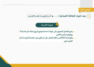 ‫العمــل‬ ‫عقــد‬ ‫إنهـــاء‬ ‫آثـــار‬ ‫العمالية‬ ‫الع�قة‬ ‫انتهاء‬ ‫بعد‬
‫البشرية‬ ‫الموارد‬ ‫�دارة‬ ‫العمل‬ ‫نظام‬ ‫أحكام‬ ‫أهم‬
‫الثالث‬ ‫المحور‬
‫المنشأة‬ ‫لدى‬ ‫عمله‬ ‫تاريخ‬ ‫توضح‬ ‫خدمة‬ ‫شهادة‬ ‫على‬ ‫الحصول‬ ‫للعامل‬ ‫يحق‬
‫ا�خير‬ ‫وأجره‬ ‫ووظيفته‬
‫أو‬ ‫إساءة‬ ‫أي‬ ‫متضمنة‬ ‫غير‬ ‫تكون‬ ‫أن‬ ‫على‬ ،‫العمل‬ ‫نظام‬ ‫من‬ (64) ‫المادة‬ ‫وفق‬
.�‫سل‬ ‫تقييم‬
«
«
‫الخدمة‬ ‫شهادة‬ 4
 