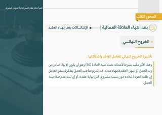 ‫العمالية‬ ‫الع�قة‬ ‫انتهاء‬ ‫بعد‬
‫البشرية‬ ‫الموارد‬ ‫�دارة‬ ‫العمل‬ ‫نظام‬ ‫أحكام‬ ‫أهم‬
‫الثالث‬ ‫المحور‬
‫العقـد‬ ‫إنهـاء‬ ‫بعد‬ ‫ا�شكــا�ت‬
«
‫النهائــي‬ ‫الخروج‬
: ‫واشكا�تها‬ ‫الوافد‬ ‫للعامل‬ �‫النها‬ ‫الخروج‬ ‫تأشيرة‬
‫من‬ ‫صادر‬ ‫ا�نهاء‬ ‫يكون‬ ‫أن‬ ‫وهو‬ (40) ‫المادة‬ ‫عليه‬ ‫نصت‬ ‫�عماله‬ ‫بشرط‬ ‫مقيد‬ ‫ا�ثر‬ ‫وهذا‬
‫العامل‬ ‫سفر‬ ‫بتذكرة‬ ‫العمل‬ ‫صاحب‬ ‫يلتزم‬ �‫ف‬ ،‫مدته‬ ‫�نتهاء‬ ‫العقد‬ ‫انتهى‬ ‫أو‬ ‫العمل‬ ‫رب‬
‫ص�حيته‬ ‫عدم‬ ‫ثبت‬ ‫إن‬ ‫أو‬ ،‫عقده‬ ‫نهاية‬ ‫قبل‬ ،‫مشروع‬ ‫سبب‬ ‫دون‬ ‫لب�ده‬ ‫العودة‬ ‫طلب‬ ‫إن‬
.‫للعمل‬
 