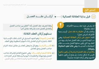 ‫العمالية‬ ‫الع�قة‬ ‫بداية‬ ‫قبل‬
‫ا�طراف‬ ‫يسميه‬ ‫عقد‬ ‫علينا‬ ‫يعرض‬ ‫قد‬
(‫مقاولة‬ ‫)عقد‬
‫يســميه‬ ‫أو‬ ،‫عمل‬ ‫عقد‬ ‫حقيقتــه‬ ‫أن‬ ‫ونكتشــف‬
(‫عمل‬ ‫)عرض‬ ‫ا�طراف‬
‫وهي‬ ،‫العمالية‬ ‫الع�قة‬ ‫اركان‬ ‫على‬ ‫احتوى‬ ‫لكنه‬
‫من‬ ‫يشــبهه‬ ‫عما‬ ‫العمل‬ ‫عقد‬ ‫لتمييــز‬ ‫تهمنا‬ ‫مــا‬
‫نظام‬ ‫بحســب‬ ‫العمل‬ ‫محلها‬ ‫يكون‬ �‫ال‬ ‫العقــود‬
‫المقاولة‬ ‫عقود‬ ‫غالبا‬ ‫وهي‬ ،‫المدنيــة‬ ‫المعام�ت‬
.‫والوكالة‬
ً‫ا‬‫مكتوب‬ ‫يكون‬ ‫أن‬ ‫يشترط‬ � ‫العمل‬ ‫عقد‬ ‫أن‬ ‫وا�صل‬
ً‫ا‬‫شفهي‬ ‫يكون‬ ‫أن‬ ‫يصح‬ ‫بل‬ ،‫محدد‬ ‫شكل‬ ‫له‬ ‫فليس‬
.ً‫ا‬‫صحيح‬ ‫لقيامه‬ ‫أركانه‬ ‫توافر‬ ‫فالمهم‬
‫العمل‬ ‫صاحب‬ ‫بين‬ ‫"اتفاق‬ ‫بأنه‬ ‫العمل‬ ‫عقد‬ ‫لتعريف‬ ‫وفقا‬
"‫أجر‬ ‫مقابل‬ ‫إشرافه‬ ‫تحت‬ ‫للعمل‬ ‫والعامل‬
:‫الث�ثة‬ ‫العقد‬ ‫أركان‬ ‫نستلهم‬
‫ا�نســانية‬ ‫النشــاطات‬ � ‫المبذول‬ ‫الجهد‬ ‫وهو‬:(‫)المهنة‬ ‫العمل‬
.‫العقد‬ ‫وفق‬ ‫المطلوبة‬ ‫المهام‬ ‫بأداء‬ ‫العامل‬ ‫التزام‬ ‫باعتباره‬ ،‫كافة‬
‫التزام‬ ،‫عمله‬ ‫مقابل‬ ‫للعامــل‬ ‫يعطى‬ ‫ما‬ ‫كل‬ ‫وهو‬ :(‫)الراتب‬ ‫ا�جــر‬
.‫للعامل‬ ‫وحق‬ ‫العمل‬ ‫صاحب‬
‫صاحب‬ ‫�شراف‬ ‫العامل‬ ‫خضوع‬ ‫وهي‬ :‫وا�شــراف‬ ‫التبعية‬ ‫ع�قة‬
.‫الجزاءات‬ ‫فرض‬ ‫وسلطة‬ ‫اليومية‬ ‫والتعليمات‬ ‫وتوجيهاته‬ ‫العمل‬
.‫العمل‬ ‫نظام‬ ‫من‬ (51) ‫والمادة‬ ‫الثانية‬ ‫المادة‬ :‫النظامي‬ ‫المستند‬
«
«
«
1
2
3
‫البشرية‬ ‫الموارد‬ ‫�دارة‬ ‫العمل‬ ‫نظام‬ ‫أحكام‬ ‫أهم‬
‫ا�ول‬ ‫المحور‬
‫العمــل‬ ‫عقــــد‬ ‫أركـــان‬
 