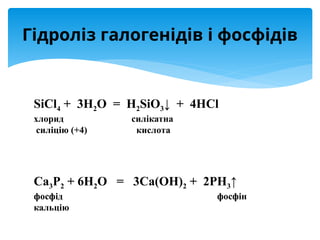SiCl4 + 3H2O = H2SiO3↓ + 4HСl
хлорид силікатна
силіцію (+4) кислота
Са3P2 + 6H2O = 3Са(OH)2 + 2PH3↑
фосфід фосфін
кальцію
Гідроліз галогенідів і фосфідів
 