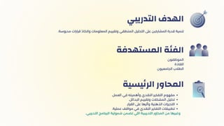 ‫التدريبي‬ ‫الهدف‬
‫الموظفون‬
‫القادة‬
‫الجامعيون‬ ‫الطالب‬
‫المستهدفة‬ ‫الفئة‬
.‫العمل‬ ‫في‬ ‫وأهميته‬ ‫النقدي‬ ‫التفكير‬ ‫مفهوم‬
.‫البدائل‬ ‫وتقييم‬ ‫المشكالت‬ ‫تحليل‬
.‫القرار‬ ‫عىل‬ ‫وأثرها‬ ‫الذهنية‬ ‫التحيزات‬
.‫عملية‬ ‫مواقف‬ ‫في‬ ‫النقدي‬ ‫التفكير‬ ‫تطبيقات‬
.‫التدريبي‬ ‫البرنامج‬ ‫شمولية‬ ‫تضمن‬ ‫اللي‬ ‫التدريبية‬ ‫المحاور‬ ‫من‬ ‫وغيرها‬
‫يسية‬‫ئ‬‫الر‬ ‫المحاور‬
.‫مدروسة‬ ‫قرارات‬ ‫واتخاذ‬ ‫المعلومات‬ ‫وتقييم‬ ‫المنطقي‬ ‫التحليل‬ ‫عىل‬ ‫المشاركين‬ ‫قدرة‬ ‫تنمية‬
 