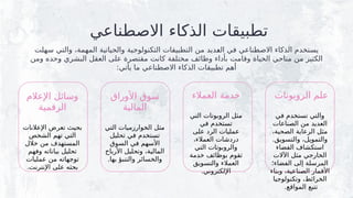 ‫االصطناعي‬ ‫الذكاء‬ ‫تطبيقات‬
‫سهلت‬ ‫والتي‬ ،‫المهمة‬ ‫والحياتية‬ ‫التكنولوجية‬ ‫التطبيقات‬ ‫من‬ ‫ديد‬l
‫ع‬‫ال‬ ‫في‬ ‫االصطناعي‬ ‫الذكاء‬ ‫يستخدم‬
‫ومن‬ ‫وحده‬ ‫البشري‬ ‫العقل‬ ‫على‬ ‫مقتصرة‬ ‫كانت‬ ‫مختلفة‬ ‫وظائف‬ ‫بأداء‬ ‫وقامت‬ ‫الحياة‬ ‫مناحي‬ ‫من‬ ‫الكثير‬
:‫يأتي‬ ‫ما‬ ‫االصطناعي‬ ‫الذكاء‬ ‫تطبيقات‬ ‫أهم‬
‫الروبوتات‬ ‫علم‬
‫في‬ ‫تستخدم‬ ‫والتي‬
‫الصناعات‬ ‫من‬ ‫العديد‬
،‫الصحية‬ ‫الرعاية‬ ‫مثل‬
.‫والتسويق‬ ،‫والتمويل‬
‫الفضاء‬ ‫استكشاف‬
‫اآلالت‬ ‫مثل‬ ‫الخارجي‬
‫الفضاء؛‬ ‫إلى‬ ‫المرسلة‬
‫وبناء‬ ،‫الصناعية‬ ‫األقمار‬
‫وتكنولوجيا‬ ،‫الخرائط‬
.‫المواقع‬ ‫تتبع‬
‫األوراق‬ ‫سوق‬
‫المالية‬
‫التي‬ ‫الخوارزميات‬ ‫مثل‬
‫تحليل‬ ‫في‬ ‫تستخدم‬
‫السوق‬ ‫في‬ ‫األسهم‬
‫األرباح‬ ‫وتحليل‬ ،‫المالية‬
.‫بها‬ ‫والتنبؤ‬ ‫والخسائر‬
‫العمالء‬ ‫خدمة‬
‫التي‬ ‫الروبوتات‬ ‫مثل‬
‫في‬ ‫تستخدم‬
‫على‬ ‫الرد‬ ‫عمليات‬
،‫العمالء‬ ‫دردشات‬
‫التي‬ ‫والروبوتات‬
‫خدمة‬ ‫بوظائف‬ ‫تقوم‬
‫والتسويق‬ ‫العمالء‬
.‫اإللكتروني‬
‫اإلعالم‬ ‫وسائل‬
‫الرقمية‬
‫اإلعالنات‬ ‫تعرض‬ ‫بحيث‬
‫الشخص‬ ‫تهم‬ ‫التي‬
‫خالل‬ ‫من‬ ‫المستهدف‬
‫وفهم‬ ‫بياناته‬ ‫تحليل‬
‫عمليات‬ ‫من‬ ‫توجهاته‬
.‫اإلنترنت‬ ‫على‬ ‫بحثه‬
 