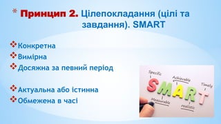 Конкретна
Вимірна
Досяжна за певний період
Актуальна або істинна
Обмежена в часі
* Принцип 2. Цілепокладання (цілі та
завдання). SMART
 