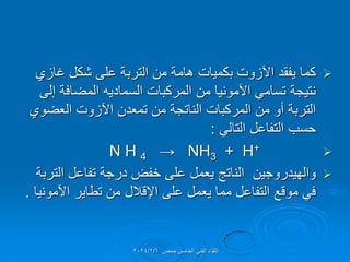 
‫غازي‬ ‫شكل‬ ‫على‬ ‫التربة‬ ‫من‬ ‫هامة‬ ‫بكمٌات‬ ‫اآلزوت‬ ‫ٌفمد‬ ‫كما‬
‫إلى‬ ‫المضافة‬ ‫السمادٌه‬ ‫المركبات‬ ‫من‬ ‫اآلمونٌا‬ ً‫تسام‬ ‫نتٌجة‬
‫العضوي‬ ‫اآلزوت‬ ‫تمعدن‬ ‫من‬ ‫الناتجة‬ ‫المركبات‬ ‫من‬ ‫أو‬ ‫التربة‬
ً‫التال‬ ‫التفاعل‬ ‫حسب‬
:

N H 4 → NH3 + H+

‫التربة‬ ‫تفاعل‬ ‫درجة‬ ‫خفض‬ ‫على‬ ‫ٌعمل‬ ‫الناتج‬ ‫والهٌدروجٌن‬
‫اآلمونٌا‬ ‫تطاٌر‬ ‫من‬ ‫اإللالل‬ ‫على‬ ‫ٌعمل‬ ‫مما‬ ‫التفاعل‬ ‫مولع‬ ً‫ف‬
.
‫حمص‬ ‫الخامس‬ ً‫الفن‬ ‫اللماء‬
2024/2/6
 