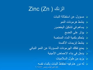 ‫الزنن‬
(
Zinc (Zn

‫النبات‬ ‫استطالة‬ ‫عن‬ ‫مسإول‬

‫النمو‬ ‫هرمونات‬ ‫ٌنشط‬

‫الٌخضور‬ ‫تشكٌل‬ ً‫ف‬ ‫ٌساهم‬

‫النضج‬ ‫على‬ ‫ٌإثر‬

‫الممتصة‬ ‫الماء‬ ‫بكمٌة‬ ‫ٌتحكم‬

‫األكسدة‬ ‫إنزٌمات‬ ‫ٌنشط‬

ً‫النبات‬ ‫النمو‬ ‫عن‬ ‫المسإولة‬ ‫الهرمونات‬ ‫تفكن‬ ‫ٌمنع‬

‫األمٌنٌة‬ ‫االحماض‬ ‫بناء‬ ً‫ف‬ ‫ٌدخل‬

‫السالمٌات‬ ‫طول‬ ‫من‬ ‫ٌزٌد‬

‫نفسه‬ ‫بالماء‬ ‫النبات‬ ‫احتفاظ‬ ‫فٌه‬ ‫هام‬ ‫دور‬ ‫له‬
‫حمص‬ ‫الخامس‬ ً‫الفن‬ ‫اللماء‬
2024/2/6
 