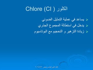 ‫الكلور‬
(
Chlore (CI

ً‫الضوئ‬ ‫التمثٌل‬ ‫عملٌة‬ ً‫ف‬ ‫ٌساعد‬

‫الجذري‬ ‫المجموع‬ ‫استطالة‬ ً‫ف‬ ‫ٌدخل‬

‫البوتاسٌوم‬ ‫مع‬ ‫التحجٌم‬ ‫و‬ ‫التزهٌر‬ ‫زٌادة‬
‫حمص‬ ‫الخامس‬ ً‫الفن‬ ‫اللماء‬
2024/2/6
 