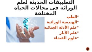 
‫الطب‬

‫الوراثية‬ ‫الهندسة‬

‫الجنائية‬ ‫األدلة‬ ‫علم‬

‫اآلثار‬ ‫علم‬

‫الفضاء‬ ‫علوم‬
‫لعلم‬ ‫الحديثة‬ ‫التطبيقات‬
‫الحياة‬ ‫مجاالت‬ ‫فى‬ ‫الوراثة‬
‫المختلقة‬
 