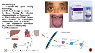 Breakthroughs:
1. CRISPR/Cas9 gene editing
technology
2. CAR-T cell therapy for cancer
3. Gene therapy for inherited
diseases (Luxturna, Zolgensma)
4. RNA interference (RNAi) therapy
(e.g., Onpattro for transthyretin
amyloidosis ‫النشوانى‬ ‫الداء‬ ‫أو‬ ‫الليفة‬ ‫داء‬ )
5. Gene expression modulation
(e.g., RNA-based therapies)
6. mRNA vaccines
. RNA-induced silencing
complex (RISC)
 