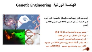 ‫الوراثية‬ ‫الهندسة‬
Genetic Engineering
،‫الوراثي‬ ‫بالتعديل‬ ‫ا‬ً‫ن‬‫أحيا‬ ‫عرف‬ُ‫ت‬ ،‫الوراثية‬ ‫الهندسة‬
‫حمض‬ ‫تعديل‬ ‫عملية‬ ‫هي‬
DNA
‫الكائن‬ ‫جينوم‬ ‫في‬
.‫الحي‬
•
( ‫واحد‬ ‫قاعدي‬ ‫زوج‬ ‫تغيير‬
A-T ,C-G
)
•
‫حمض‬ ‫من‬ ‫كامل‬ ‫جزء‬ ‫إزالة‬
DNA
•
.‫الجين‬ ‫من‬ ‫إضافية‬ ‫نسخة‬ ‫إدراج‬
•
‫حمض‬ ‫استخراج‬ ‫ا‬ً‫ض‬‫أي‬ ‫يعني‬ ‫قد‬
DNA
‫جينوم‬ ‫من‬
‫حمض‬ ‫مع‬ ‫ودمجه‬ ‫حي‬ ‫كائن‬
DNA
‫حي‬ ‫لكائن‬
.‫آخر‬
 