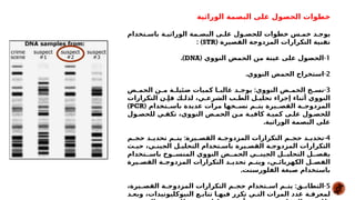 ‫الوراثية‬ ‫البصمة‬ ‫على‬ ‫الحصول‬ ‫خطوات‬
‫باس*تخدام‬ ‫الوراثي*ة‬ ‫البص*مة‬ ‫عل*ى‬ ‫للحص*ول‬ ‫خطوات‬ ‫خم*س‬ ‫يوج*د‬
‫القصيرة‬ ‫المزدوجة‬ ‫التكرارات‬ ‫تقنية‬
(
STR
: )
1
( -
‫النووي‬ ‫الحمض‬ ‫من‬ ‫عينة‬ ‫على‬ ‫الحصول‬
DNA
.)
2
. -
‫النووي‬ ‫الحمض‬ ‫استخراج‬
3
: -
‫*ض‬
*‫الحم‬ ‫*ن‬
*‫م‬ ‫*ة‬
*‫ضئيل‬ ‫كميات‬ ‫*ا‬
*‫غالب‬ ‫*د‬
*‫يوج‬ ‫النووي‬ ‫*ض‬
*‫الحم‬ ‫*خ‬
*‫نس‬
‫التكرارات‬ ‫فإ*ن‬ ‫لذل*ك‬ ،‫الشرع*ي‬ ‫الط*ب‬ ‫تحلي*ل‬ ‫إجراء‬ ‫أثناء‬ ‫النووي‬
( ‫*تخدام‬
*‫باس‬ ‫عديدة‬ ‫مرات‬ ‫*خها‬
*‫نس‬ ‫*م‬
*‫يت‬ ‫*يرة‬
*‫القص‬ ‫*ة‬
*‫المزدوج‬
PCR
)
‫للحص*ول‬ ‫تكف*ي‬ ،‫النووي‬ ‫الحم*ض‬ ‫م*ن‬ ‫كافي*ة‬ ‫كمي*ة‬ ‫عل*ى‬ ‫للحص*ول‬
.‫الوراثية‬ ‫البصمة‬ ‫على‬
4
: -
‫*م‬
*‫حج‬ ‫*د‬
*‫تحدي‬ ‫*م‬
*‫يت‬ ‫*يرة‬
*‫القص‬ ‫*ة‬
*‫المزدوج‬ ‫التكرارات‬ ‫*م‬
*‫حج‬ ‫*د‬
*‫تحدي‬
‫حي*ث‬ ،‫الجين*ي‬ ‫التحلي*ل‬ ‫باس*تخدام‬ ‫القص*يرة‬ ‫المزدوج*ة‬ ‫التكرارات‬
‫باس**تخدام‬ ‫المنس**وخ‬ ‫النووي‬ ‫الحم**ض‬ ‫الجين**ي‬ ‫التحلي**ل‬ ‫يفص**ل‬
‫*يرة‬
*‫القص‬ ‫*ة‬
*‫المزدوج‬ ‫التكرارات‬ ‫*د‬
*‫تحدي‬ ‫*م‬
*‫ويت‬ ،‫*ي‬
*‫الكهربائ‬ ‫*ل‬
*‫الفص‬
.‫الفلورسنت‬ ‫صبغة‬ ‫باستخدام‬
5
: -
،‫*يرة‬
*‫القص‬ ‫*ة‬
*‫المزدوج‬ ‫التكرارات‬ ‫*م‬
*‫حج‬ ‫*تخدام‬
*‫اس‬ ‫*م‬
*‫يت‬ ‫*ق‬
*‫التطاب‬
‫وبع*د‬ ،‫النيوكليوتيدات‬ ‫تتاب*ع‬ ‫فيه*ا‬ ‫تكرر‬ ‫الت*ي‬ ‫المرات‬ ‫عدد‬ ‫لمعرف*ة‬
 