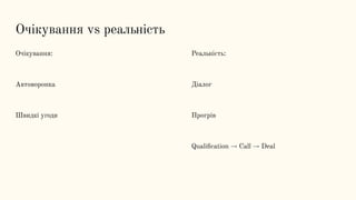 Очікування vs реальність
Очікування:
Автоворонка
Швидкі угоди
Реальність:
Діалог
Прогрів
Qualiﬁcation → Call → Deal
 