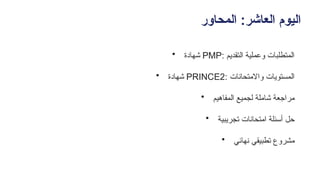 ‫المحاور‬ :‫العاشر‬ ‫اليوم‬
• ‫شهادة‬ PMP: ‫التقديم‬ ‫وعملية‬ ‫المتطلبات‬
• ‫شهادة‬ PRINCE2: ‫واالمتحانات‬ ‫المستويات‬
• ‫المفاهيم‬ ‫لجميع‬ ‫شاملة‬ ‫مراجعة‬
• ‫تجريبية‬ ‫امتحانات‬ ‫أسئلة‬ ‫حل‬
• ‫نهائي‬ ‫تطبيقي‬ ‫مشروع‬
 