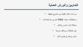‫العملية‬ ‫والورش‬ ‫ين‬+‫ر‬‫التما‬
• ‫حقيقية‬ ‫مشاريع‬ ‫من‬ ‫واقعية‬ ‫حالة‬ ‫دراسات‬
• ‫لبناء‬ ‫جماعية‬ ‫تمارين‬ WBS ‫جانت‬ ‫ومخططات‬
• ‫كامل‬ ‫مشروع‬ ‫إدارة‬ ‫محاكاة‬
• ‫حرجة‬ ‫ومواقف‬ ‫مشكالت‬ ‫حل‬
• ‫شامل‬ ‫نهائي‬ ‫تخرج‬ ‫مشروع‬
 