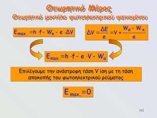 112
Θεωρητικό Μέρος
Επιλέγουμε την ανάστροφη τάση V ίση με τη τάση
αποκοπής του φωτοηλεκτρικού ρεύματος

max.
E 0
Θεωρητικό μοντέλο φωτοηλεκτρικού φαινομένου
    
max. κ
E h f W e ΔV

  
α κ
W W
ΔE
ΔV V
e e
    
max. α
E h f e V W
 