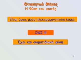19
Έχει και σωματιδιακή φύση
Θεωρητικό Μέρος
Η Φύση του φωτός
ΟΧΙ !!!
Είναι όμως μόνο ηλεκτρομαγνητικό κύμα;
 
