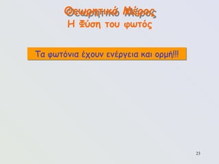 23
Τα φωτόνια έχουν ενέργεια και ορμή!!!
Θεωρητικό Μέρος
Η Φύση του φωτός
 