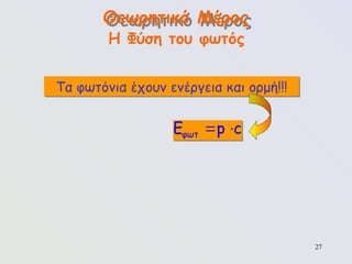 27
Θεωρητικό Μέρος
Η Φύση του φωτός
Τα φωτόνια έχουν ενέργεια και ορμή!!!
φωτ
E p c
 
 