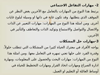 
2
‫االجتماعي‬ ‫التفاعل‬ ‫مهارات‬ -
‫عن‬ ‫النظر‬ ‫بغض‬ ‫اآلخرين‬ ‫مع‬ ‫بالتعامل‬ ‫المهارات‬ ‫من‬ ‫النوع‬ ‫هذا‬ ‫يرتبط‬
‫غايات‬ ‫لبلوغ‬ ‫وسيلة‬ ‫او‬ ‫ذاتها‬ ‫في‬ ‫غاية‬ ‫تكون‬ ‫وقد‬ .‫يتطلبها‬ ‫الذي‬ ‫الموقف‬
‫الذات‬ ‫عن‬ ‫التعبير‬ ‫مهارات‬ :‫المهارات‬ ‫من‬ ‫النوع‬ ‫هذا‬ ‫امثلة‬ ‫ومن‬ .‫أخرى‬
‫في‬ ‫والتأثير‬ ‫والتعاطف‬ ‫الذات‬ ‫وتوكيد‬ ‫واالستماع‬ ‫والتواصل‬ ‫واالتصال‬
.‫اآلخرين‬
3
‫المشكالت‬ ‫حل‬ ‫)ت‬
‫ا‬‫مهار‬-
.ً ‫حلوال‬ ‫تتطلب‬ ‫التي‬ ‫المشكالت‬ ‫من‬ ‫كثيرا‬ ‫الحياة‬ ‫معترك‬ ‫في‬ ‫األفراد‬ ‫يواجه‬
‫هذا‬ ‫امثلة‬ ‫ومن‬ .‫معها‬ ‫التعامل‬ ‫في‬ ‫تمهره‬ ‫تعني‬ ‫حلها‬ ‫على‬ ‫الفرد‬ ‫وقدرة‬
‫ومهارة‬ ،‫المعلومات‬ ‫على‬ ‫والحصول‬ ‫البحث‬ ‫مهارات‬ :‫المهارات‬ ‫من‬ ‫النوع‬
‫في‬ ‫للحياة‬ ‫التخطيط‬ ‫ومهارات‬ ‫القرار‬ ‫اتخاذ‬ ‫ومهارات‬ ‫الصراع‬ ‫ادارة‬
.‫العمل‬ ‫او‬ ‫التعليم‬ ‫أو‬ ‫العائلة‬ ‫أوساط‬
 